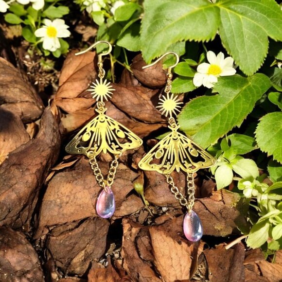 Gold Moth Dangle Earrings with Sun Charms and Pink Crystal Drops | Celestial - Picture 2 of 4